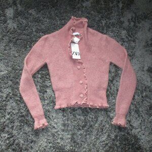 Zara Ruffle Velvet Trim Bottom Cardigan Sweater Women's Size S Pink NWT